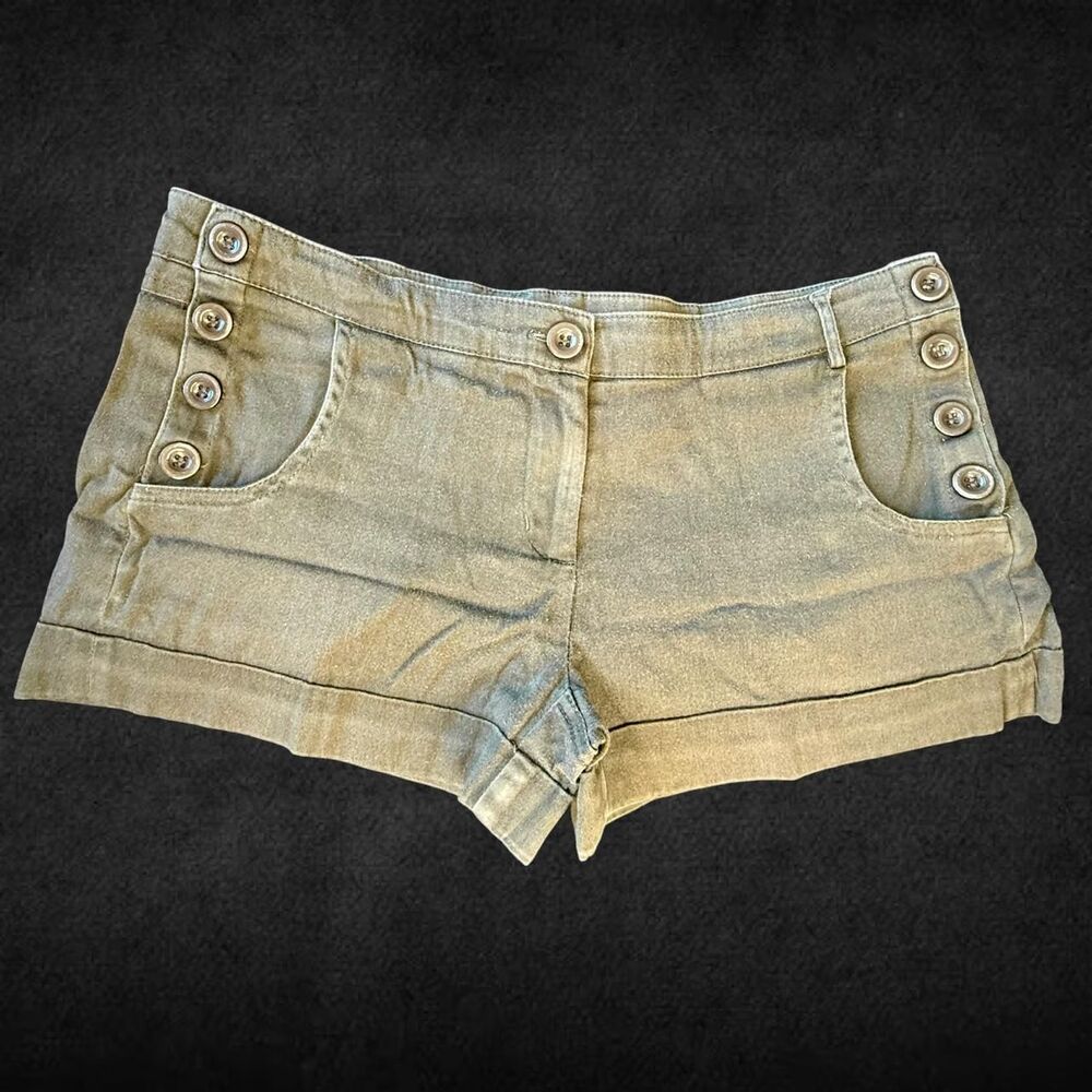 Vintage Y2K Love Culture Olive Green Mini Shorts with Button Detail Size S